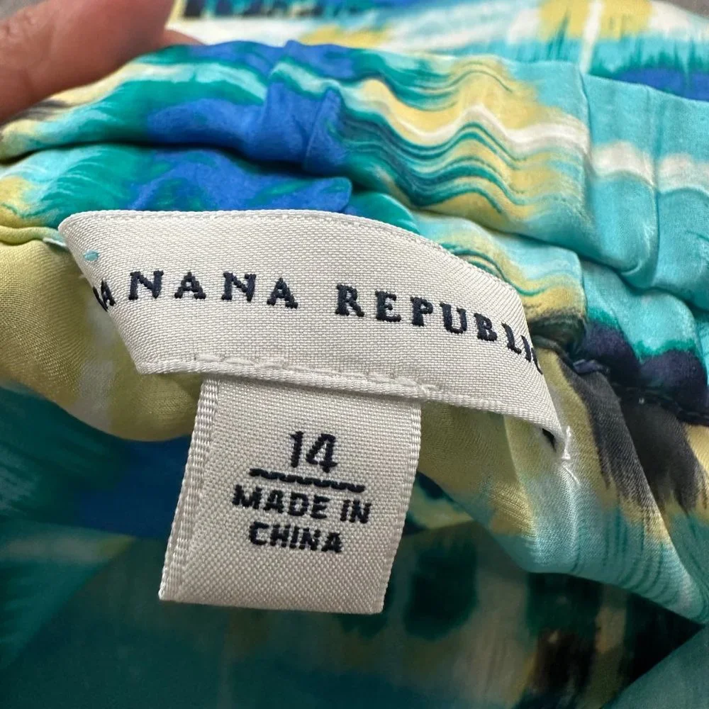 Banana Republic Silk Skirt Pullover Elastic Waist Sz 14 Yellow Blue White Pocket